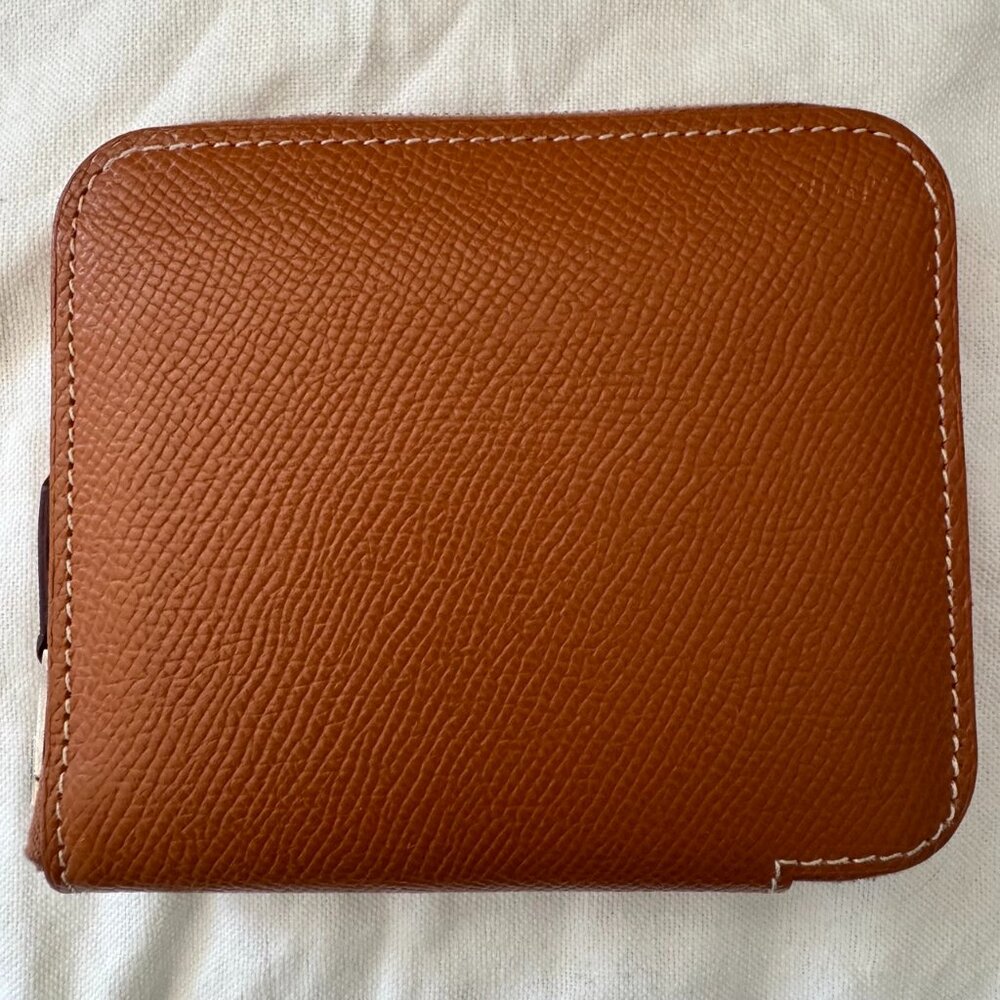 Auth Hermes Epsom Gold Brown Tan Leather Silk'in Compact Wallet Card Holder